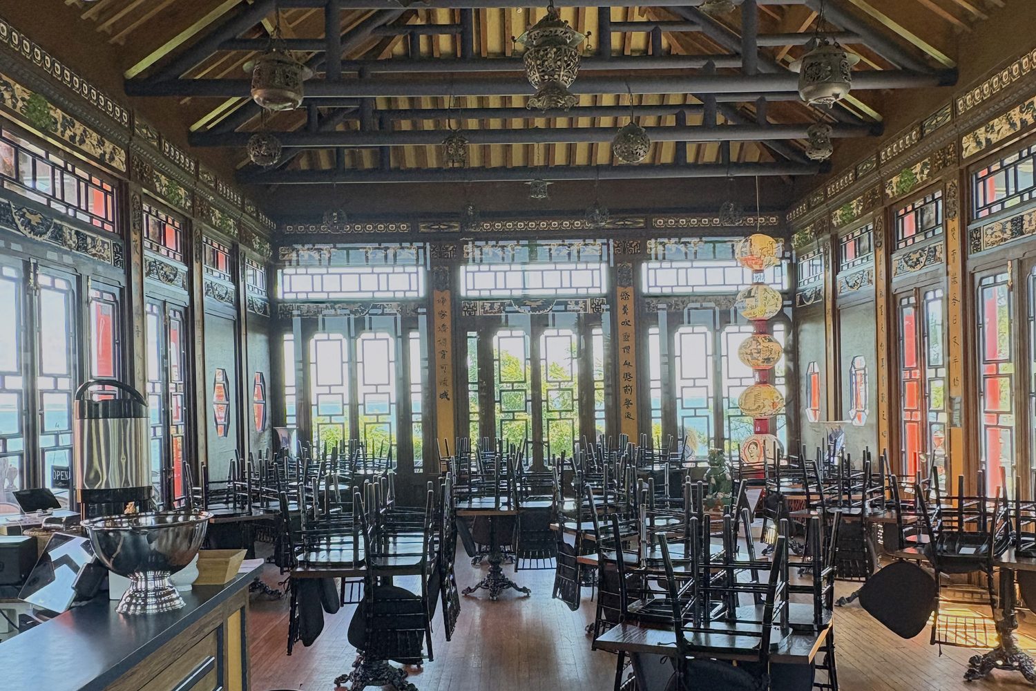 The interior of the Chinese Tea House, timber roof and stained glass